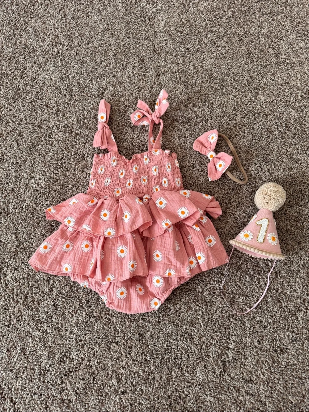 Pink Daisy Ruffle Baby Romper with Party Hat & Bow